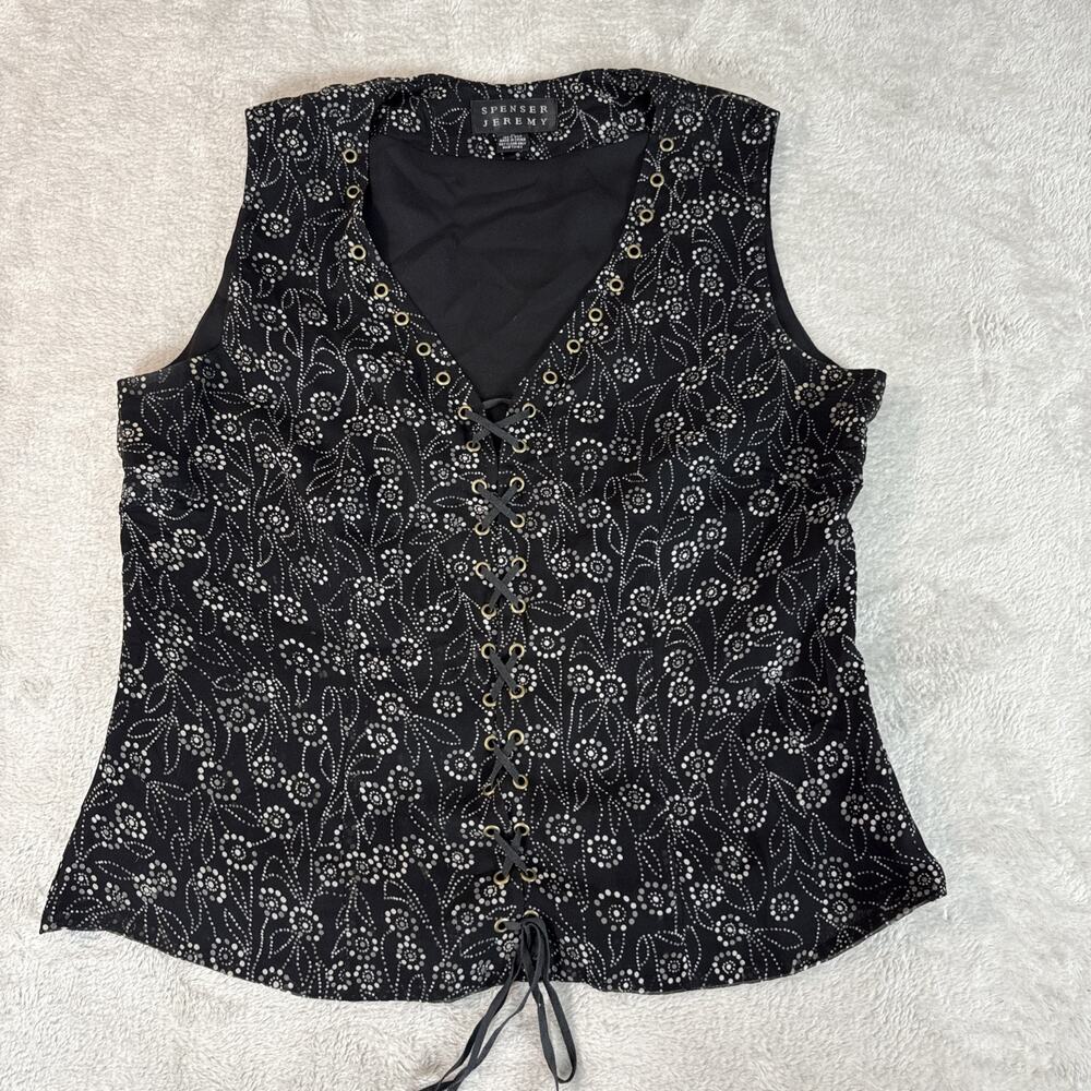 Vintage Spenser Jeremy Women M Silk Floral Corset Lace Up Blouse Tank Top Shirt